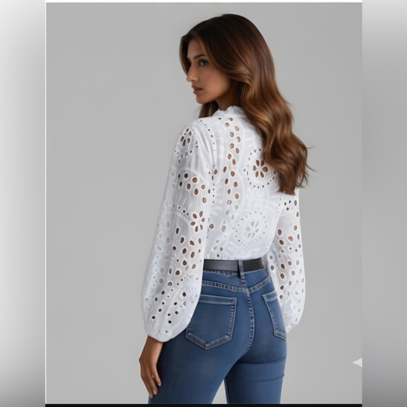 Eyelet Embroidery Notched Blouse White - Picture 3 of 9